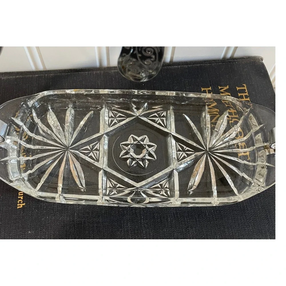 Vtg 3pc Crystal Butter Dish Server‎ Spreader England Bright Chrome Stainless MCM